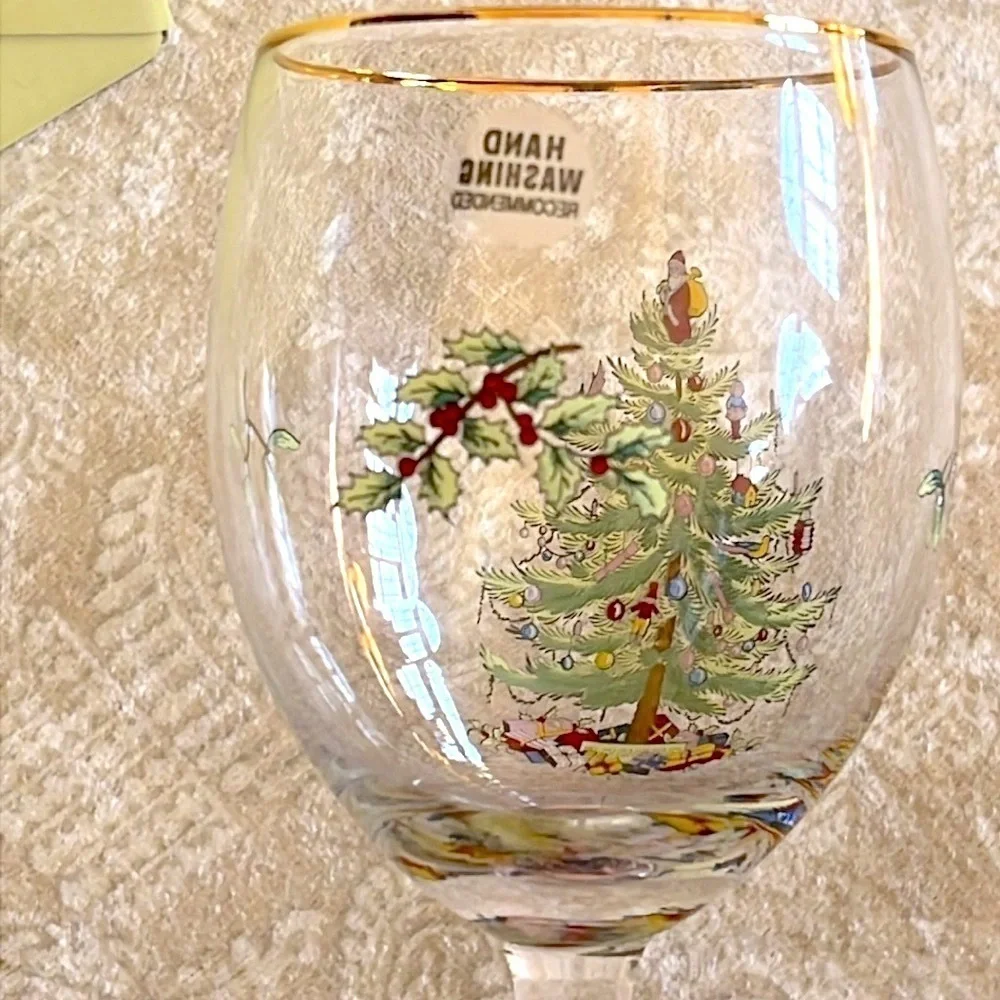 Brand New Spode Set of 4 Wine Glasses Christmas Tree 13 oz Festive Glassware